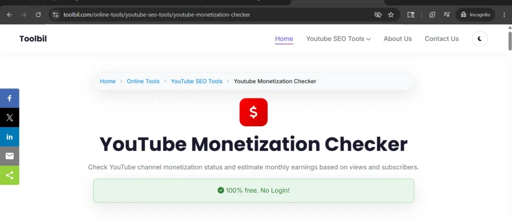 Toolbil YouTube Monetization Checker tool homepage