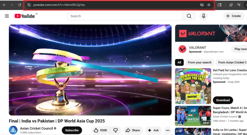 How to copy a YouTube channel URL from the browser address bar