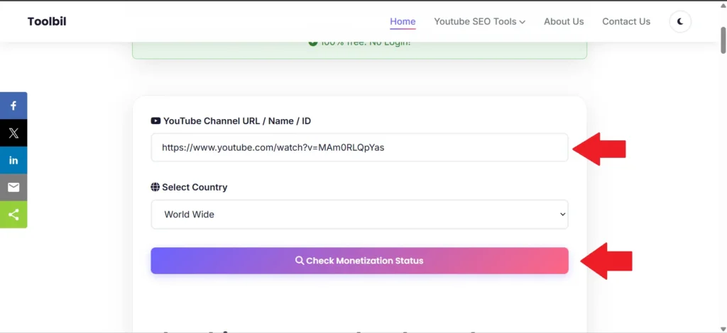 Paste the YouTube channel URL into the Toolbil monetization checker