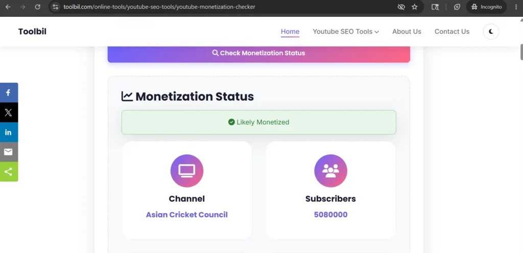 YouTube Monetization Checker results showing monetization status and estimated earnings