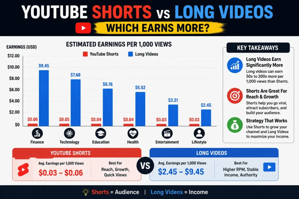 youtube shorts vs long videos estimated earnings comparison graph